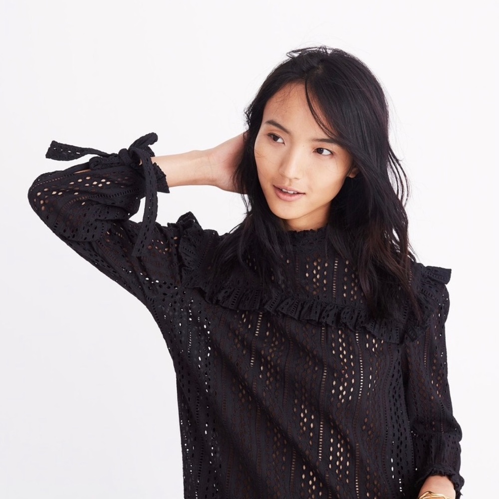 Madewell Eyelet Mockneck Ruffle Top in Black
